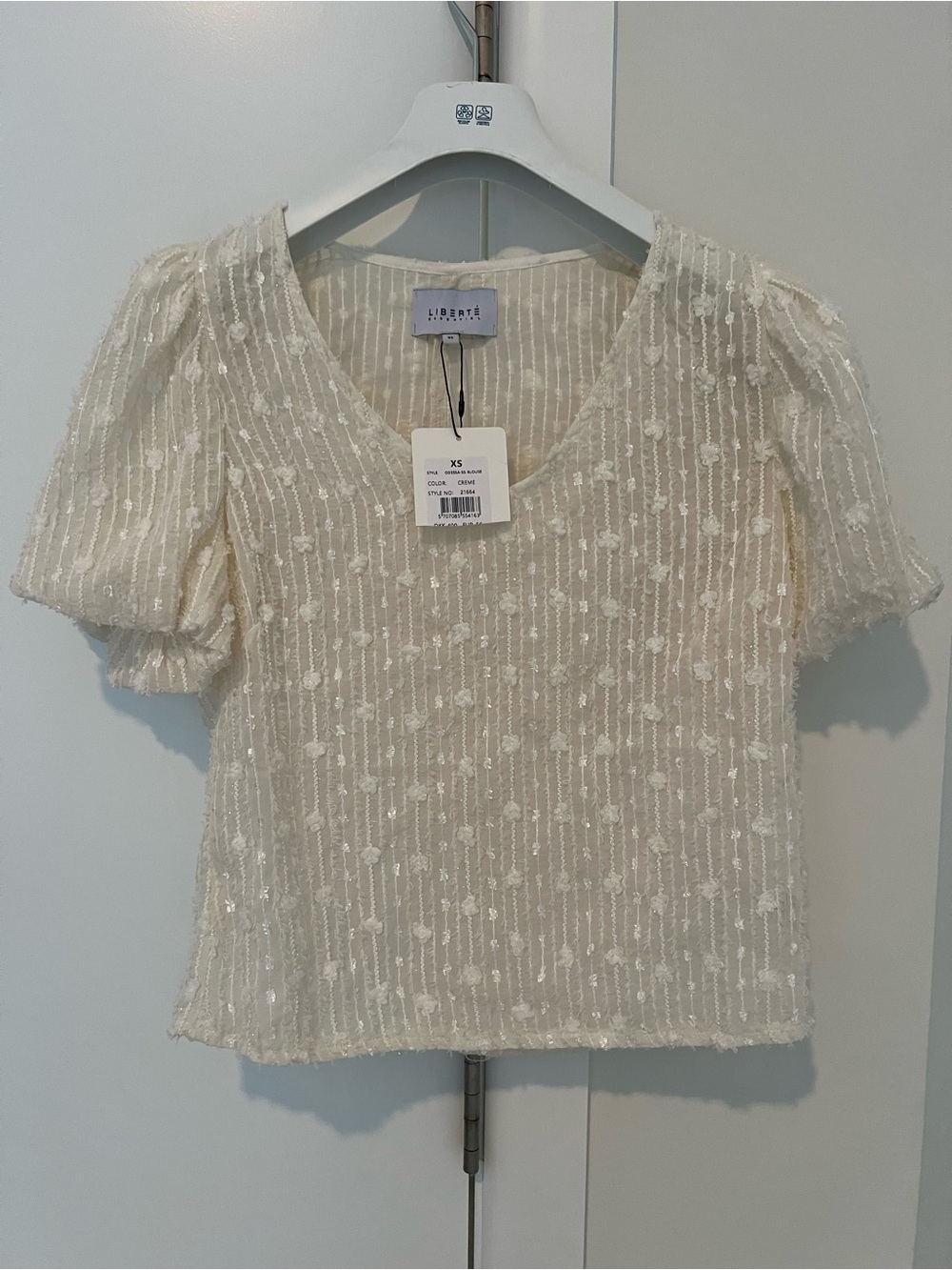 Light Cream Textured Puff-Sleeve Blouse by LILYSILK